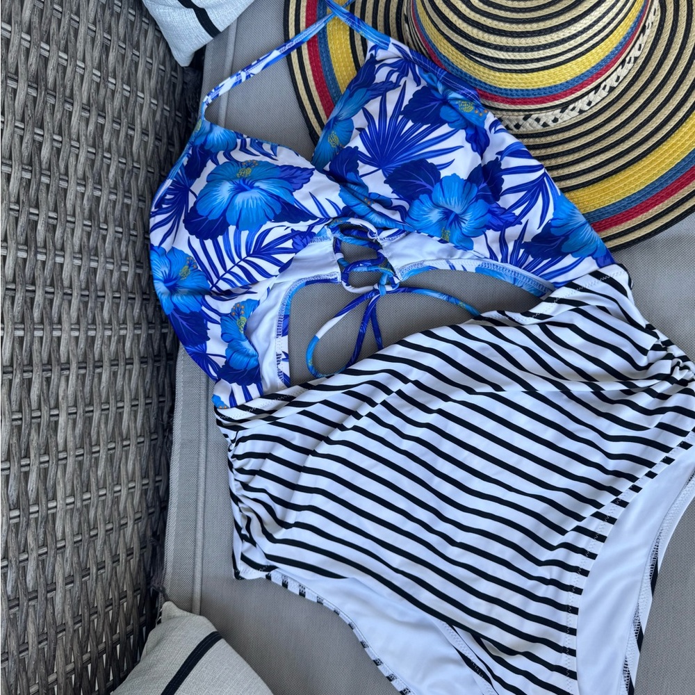 Cupshe Blue Floral and Striped One Piece Swimsuit 2/$30, 3/$40
